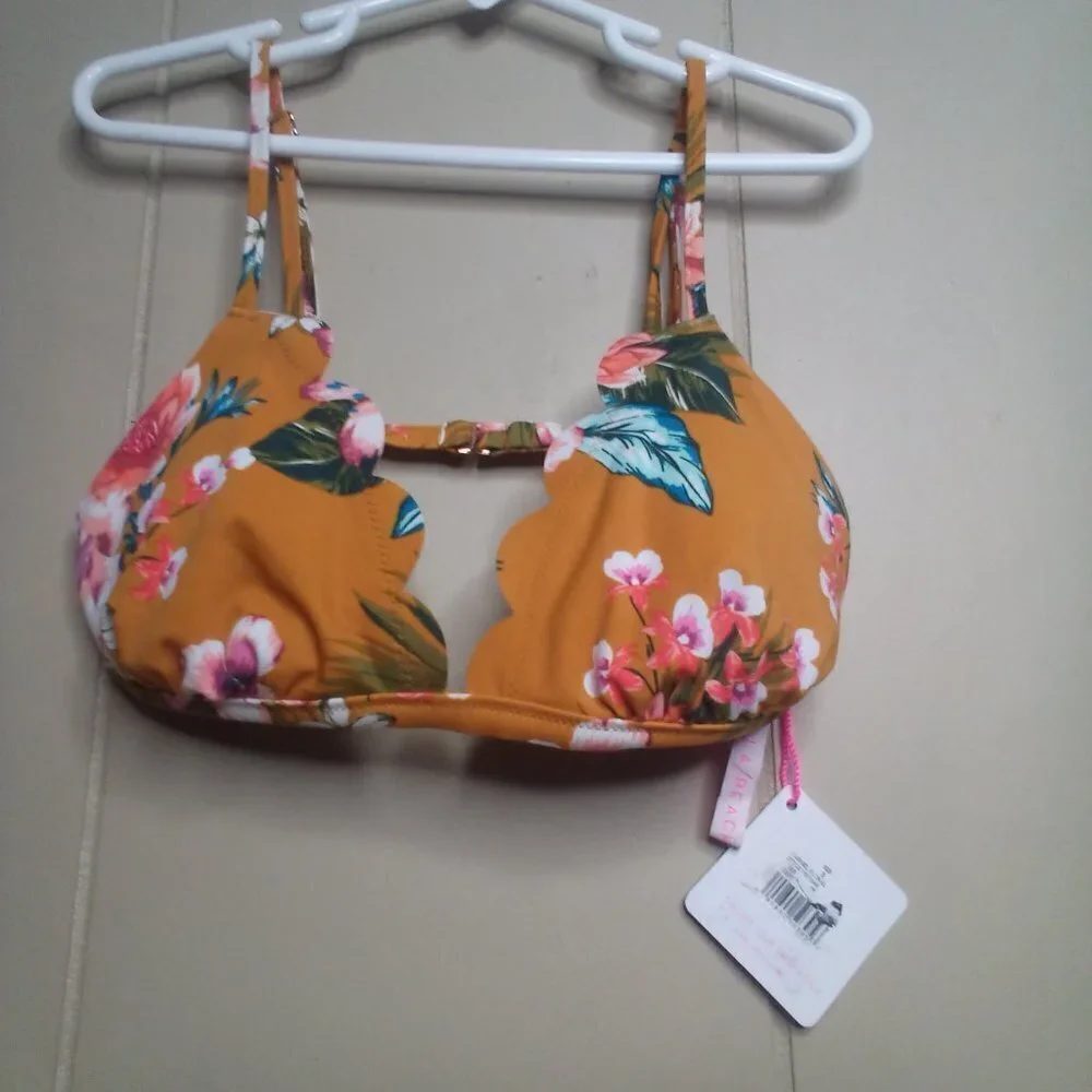 Vanilla Beach Swim Bikini Top S Triangle Scallop Trim Floral